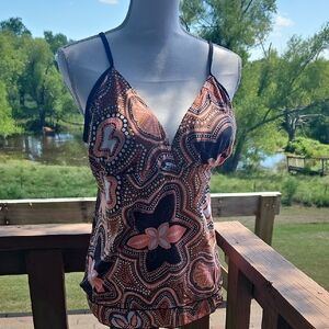 Women's Brown Floral Spaghetti Strap Tankini